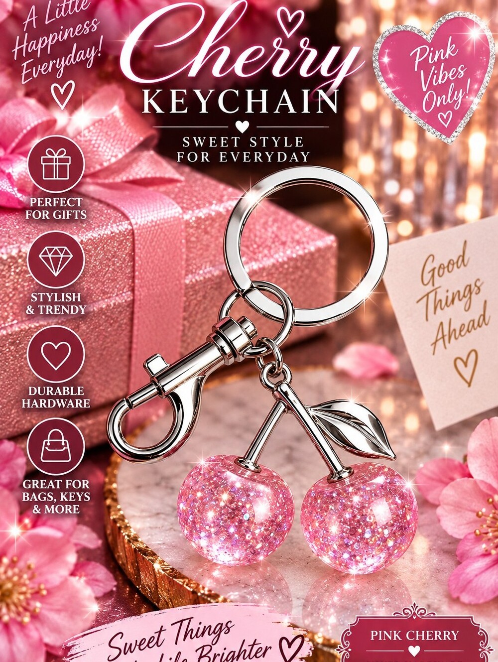 Glittery Pink Cherry Keychain with Silver Hardware!!